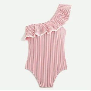J. Crew One-shoulder ruffle one-piece in seersucker